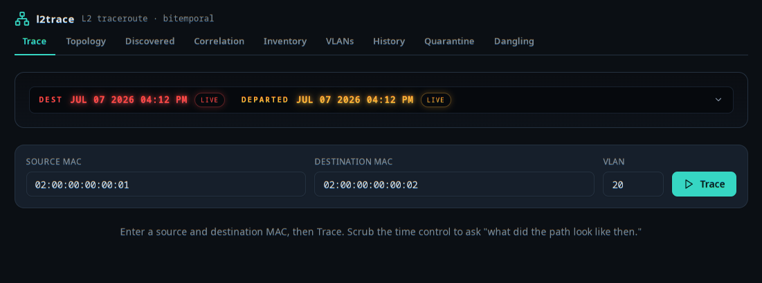the Trace screen — source/destination MAC + VLAN form, empty state