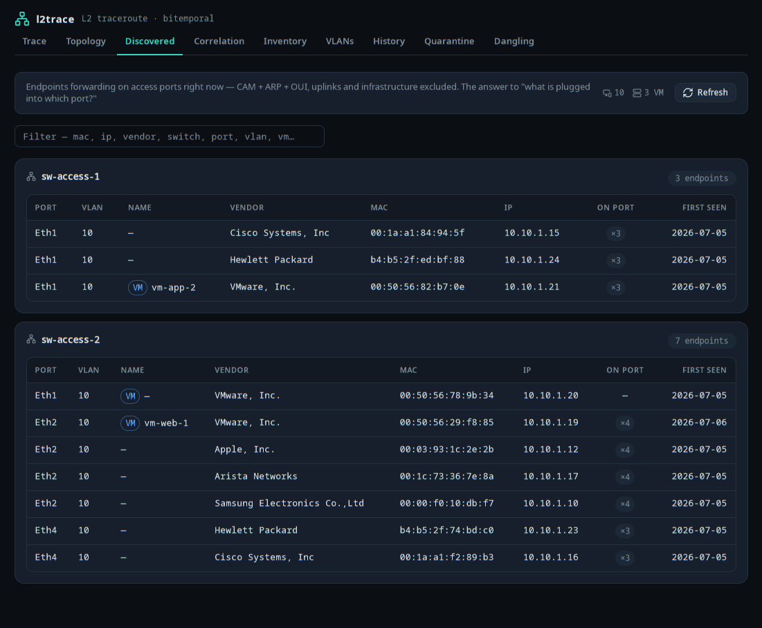 the Discovered screen — endpoints grouped by switch, with VM badges, vendor, MAC, IP, shared-port counts