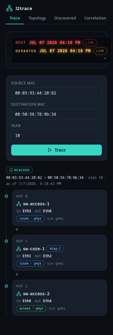 the Trace screen on a 390px phone viewport — stacked form, single-column hop timeline