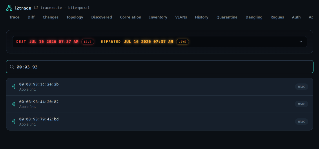 the Search screen — a MAC-prefix query returning matches with OUI vendor and kind badges